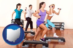 an exercise class at a gym - with OH icon