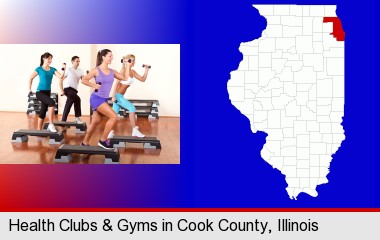 an exercise class at a gym; Cook County highlighted in red on a map