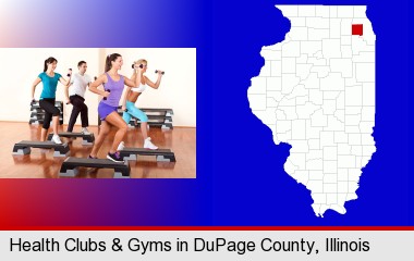 an exercise class at a gym; DuPage County highlighted in red on a map