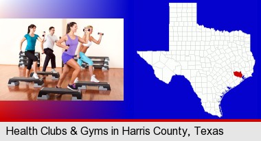 an exercise class at a gym; Harris County highlighted in red on a map