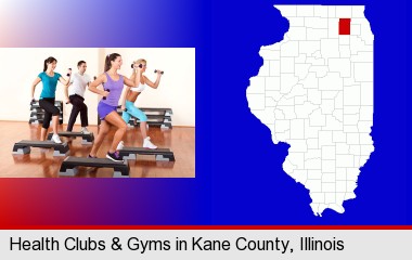 an exercise class at a gym; Kane County highlighted in red on a map