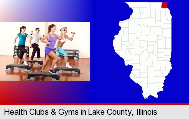 an exercise class at a gym; LaSalle County highlighted in red on a map