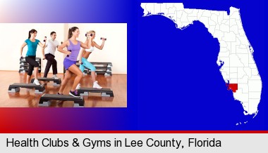 an exercise class at a gym; Lee County highlighted in red on a map