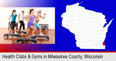 an exercise class at a gym; Milwaukee County highlighted in red on a map