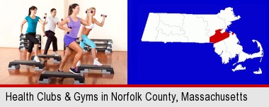 an exercise class at a gym; Norfolk County highlighted in red on a map