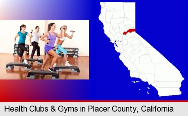 an exercise class at a gym; Placer County highlighted in red on a map