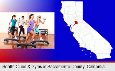 an exercise class at a gym; Sacramento County highlighted in red on a map