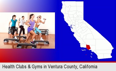 an exercise class at a gym; Ventura County highlighted in red on a map