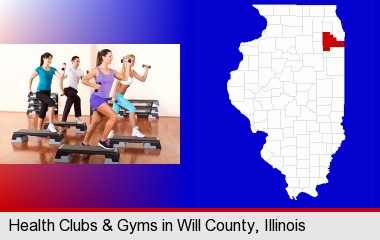 an exercise class at a gym; Will County highlighted in red on a map