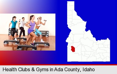 an exercise class at a gym; Ada County highlighted in red on a map