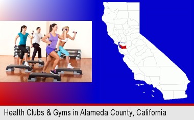 an exercise class at a gym; Alameda County highlighted in red on a map