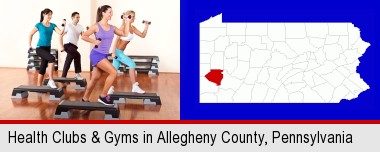 an exercise class at a gym; Allegheny County highlighted in red on a map