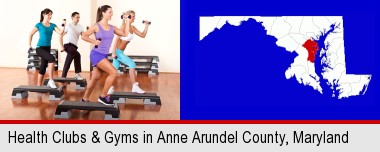 an exercise class at a gym; Anne Arundel County highlighted in red on a map