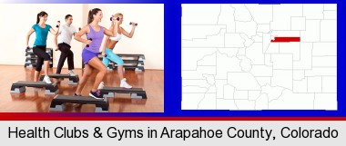 an exercise class at a gym; Arapahoe County highlighted in red on a map