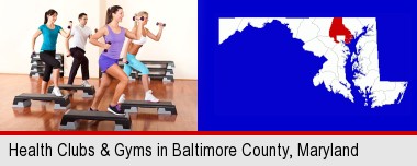 an exercise class at a gym; Baltimore County highlighted in red on a map