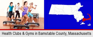an exercise class at a gym; Barnstable County highlighted in red on a map