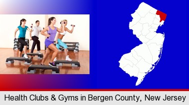an exercise class at a gym; Bergen County highlighted in red on a map