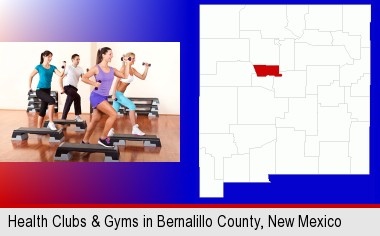 an exercise class at a gym; Bernalillo County highlighted in red on a map