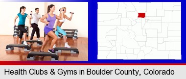an exercise class at a gym; Boulder County highlighted in red on a map