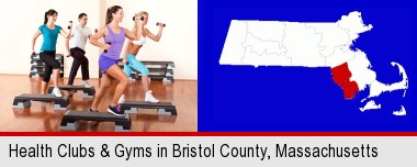 an exercise class at a gym; Bristol County highlighted in red on a map