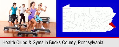 an exercise class at a gym; Bucks County highlighted in red on a map