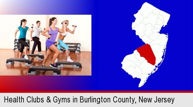 an exercise class at a gym; Burlington County highlighted in red on a map