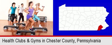 an exercise class at a gym; Chester County highlighted in red on a map