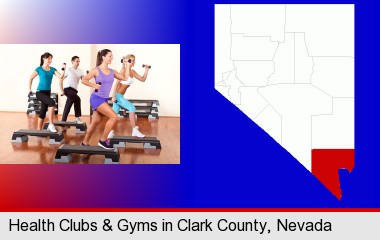 an exercise class at a gym; Clark County highlighted in red on a map