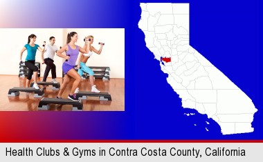 an exercise class at a gym; Contra Costa County highlighted in red on a map