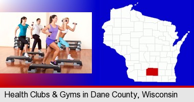 an exercise class at a gym; Dane County highlighted in red on a map