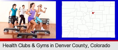 an exercise class at a gym; Denver County highlighted in red on a map