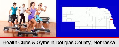 an exercise class at a gym; Douglas County highlighted in red on a map