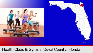 an exercise class at a gym; Duval County highlighted in red on a map