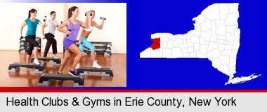 an exercise class at a gym; Erie County highlighted in red on a map