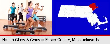 an exercise class at a gym; Essex County highlighted in red on a map