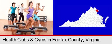 an exercise class at a gym; Fairfax County highlighted in red on a map