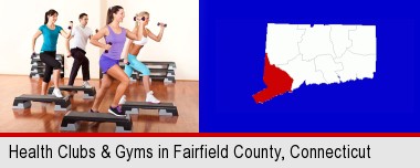 an exercise class at a gym; Fairfield County highlighted in red on a map