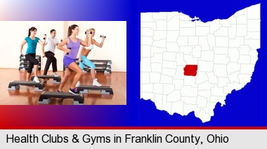 an exercise class at a gym; Franklin County highlighted in red on a map