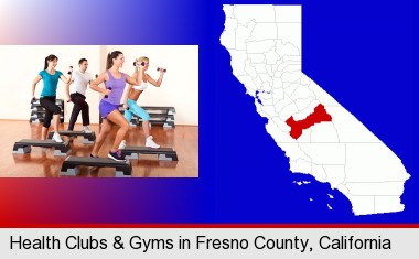 an exercise class at a gym; Fresno County highlighted in red on a map