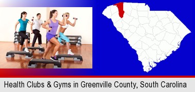 an exercise class at a gym; Greenville County highlighted in red on a map
