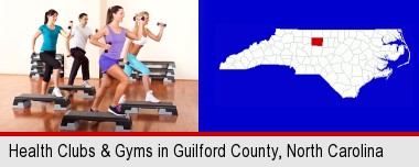 an exercise class at a gym; Guilford County highlighted in red on a map
