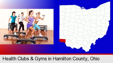 an exercise class at a gym; Hamilton County highlighted in red on a map