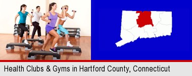 an exercise class at a gym; Hartford County highlighted in red on a map