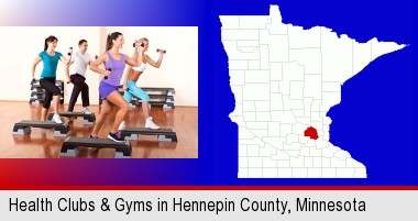 an exercise class at a gym; Hennepin County highlighted in red on a map