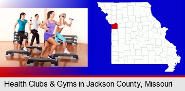 an exercise class at a gym; Jackson County highlighted in red on a map