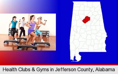 an exercise class at a gym; Jefferson County highlighted in red on a map