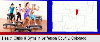 an exercise class at a gym; Jefferson County highlighted in red on a map