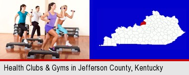 an exercise class at a gym; Jefferson County highlighted in red on a map