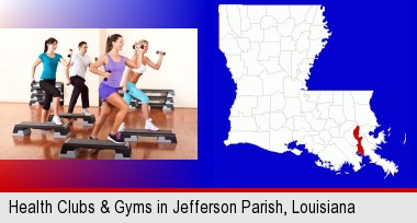an exercise class at a gym; Jefferson Parish highlighted in red on a map