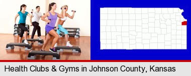 an exercise class at a gym; Johnson County highlighted in red on a map